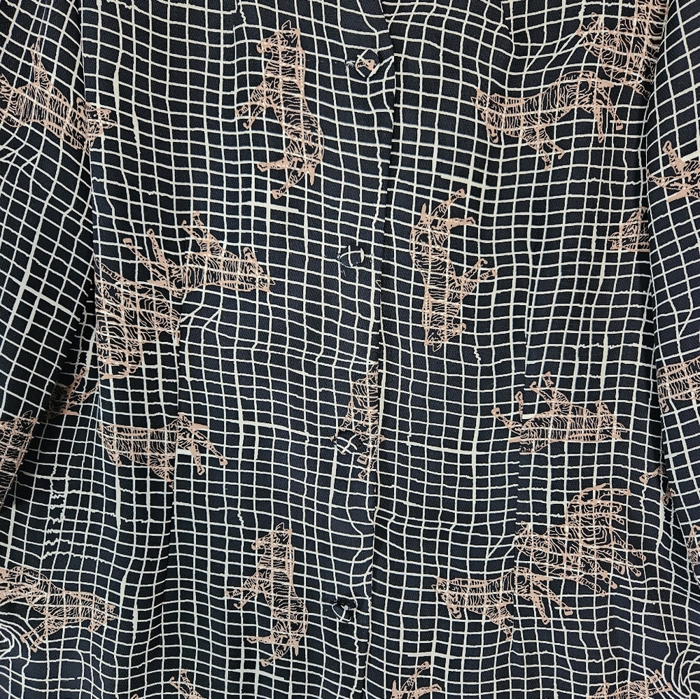 Vintage 80s Asian Design Womens XXL Button Up Shirt Zebra Black Check - Picture 4 of 10